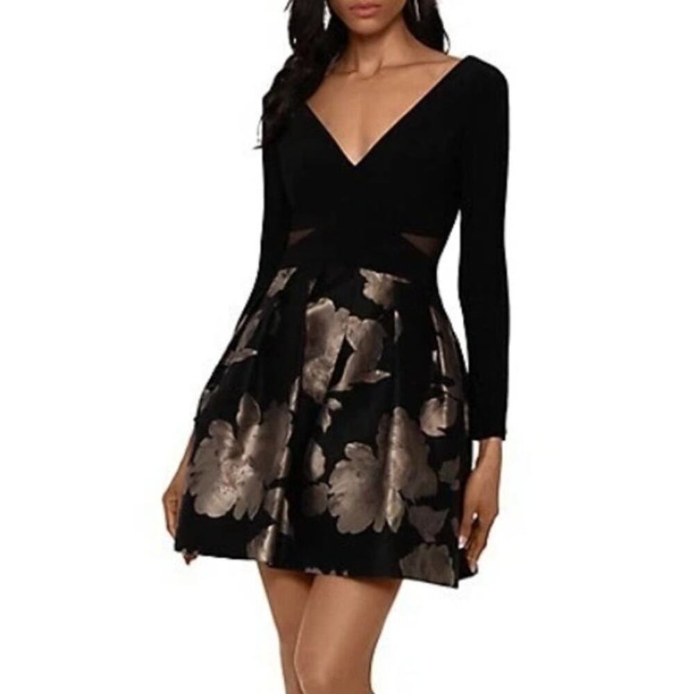 XSCAPE Long Sleeve V-Neck Fit & Flare Cocktail Dress Black Gold Brocade NWT 6